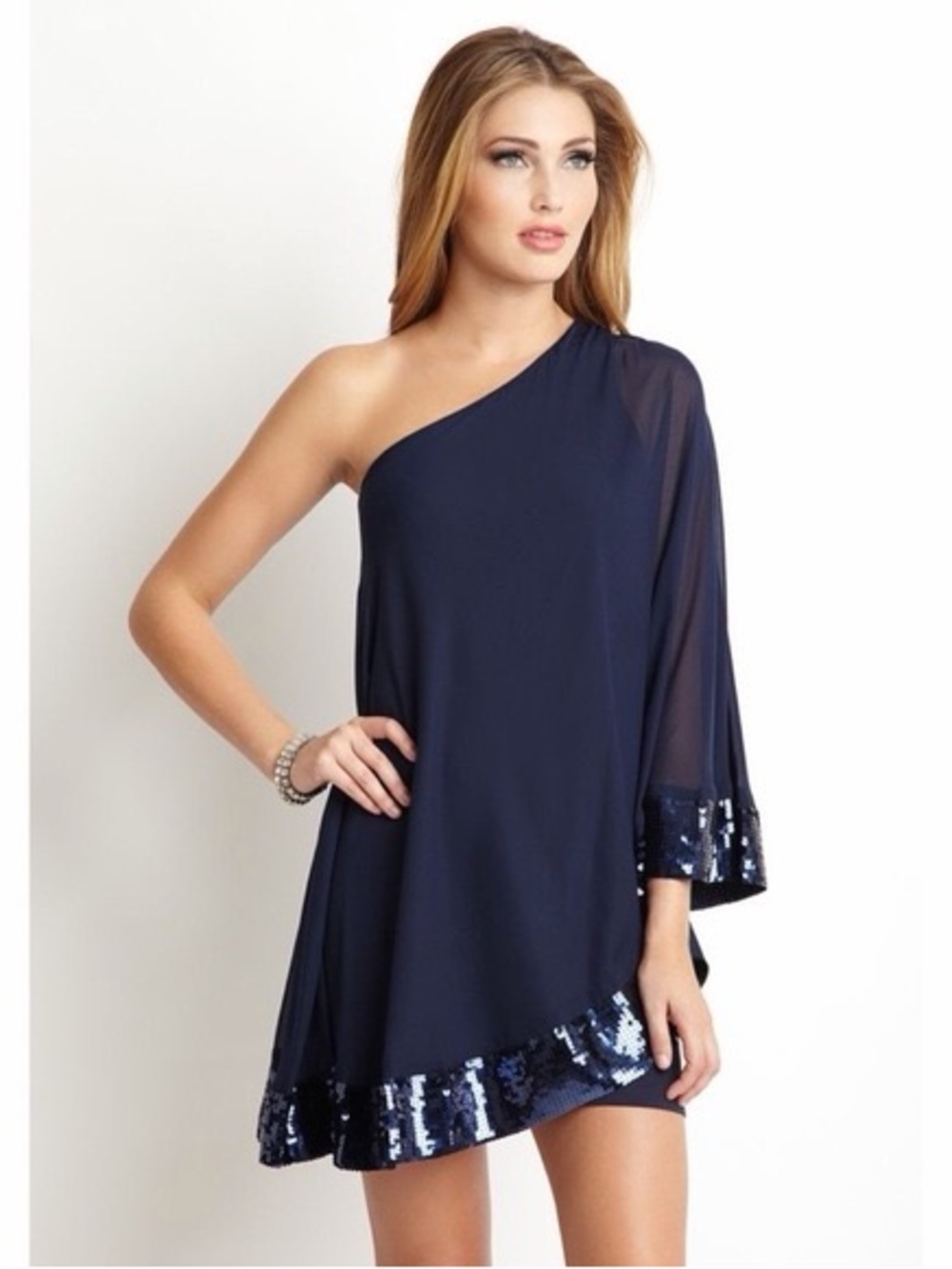 JB by Julie Brown Navy One-Shoulder Sequin Hem Tunic